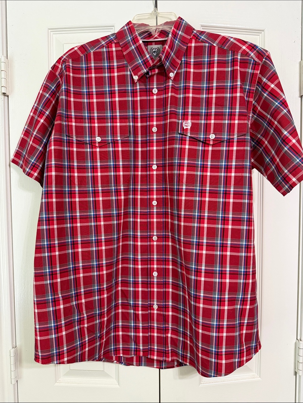 Cinch Mens Red Plaid Short-Sleeve Button-Down Shirt Size Medium